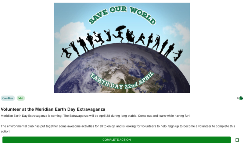 Meridian High School Earth Day Extravaganza volunteer action in the GetGreen app.