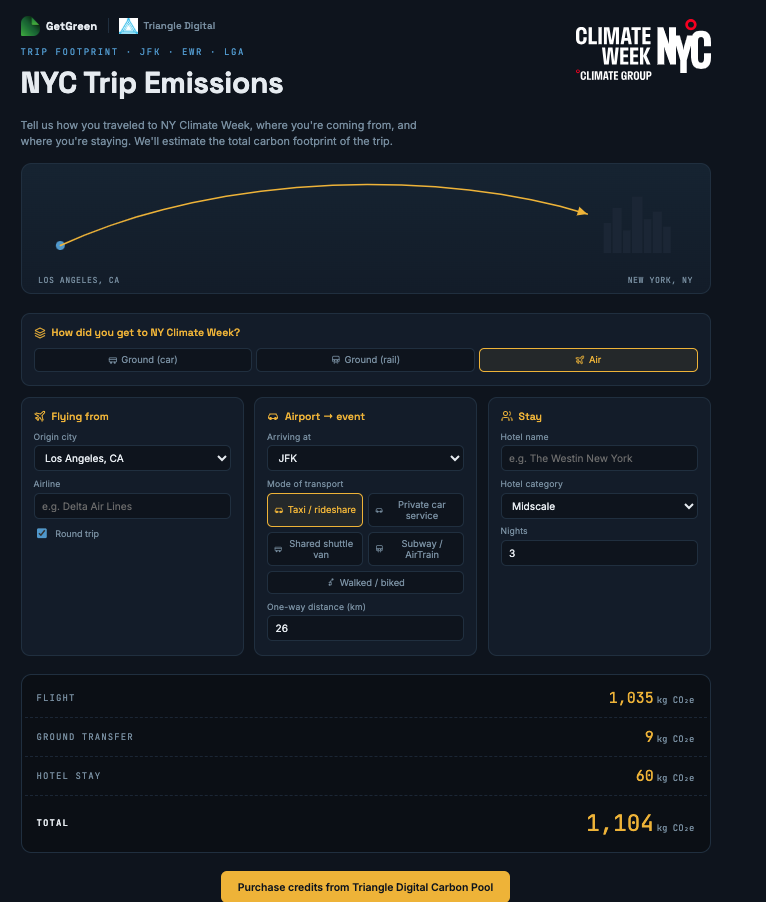 Travel Green NYC Trip Emissions calculator showing flight, ground transfer and hotel emissions.