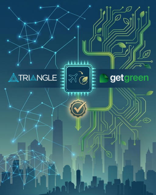 Triangle Digital and GetGreen logos connected by a chip, green circuits and a verified carbon symbol above the New York skyline.